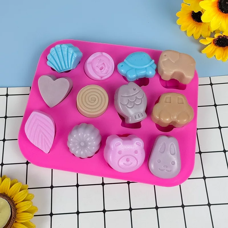 12 Формы ляня многогранный шоколад DIY форма для выпечки кекса, животные цветы восковая бутылка сахара яйца силиконовая форма