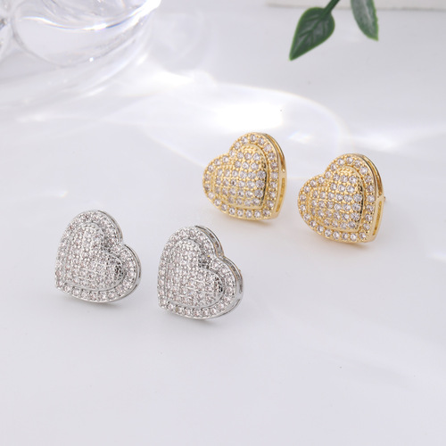 New Fashion Copper Micro-set Diamond Heart Stud Earrings for Ladies, Heart-shaped Earrings as Wedding Anniversary Gift