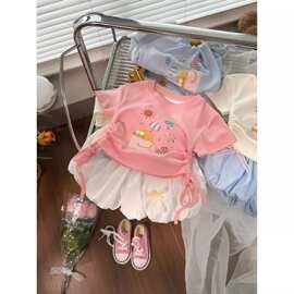 儿童夏装洋气短袖新款时髦女童宝宝可爱抽绳收腰休闲时髦百搭T恤