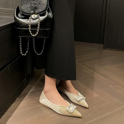 2873-K76 Korean Fashion Banquet Flat Heel Women's Shoes with Xishi Suede Shallow Mouth Pointed Water Diamond Buckle Flat Bottom Single Shoes for Women