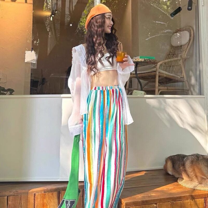 Dopamine Wide-Leg Pants for Women, Summer Bohemian Long Pants, Colorful Striped High-Waisted Slimming New Style, Lazy Style Beach Pants Dopamine Wide-Leg Pants for Women, Summer Bohemian Long Pants, Colorful Striped High-Waisted Slimming New Style, Lazy Style Beach Pants