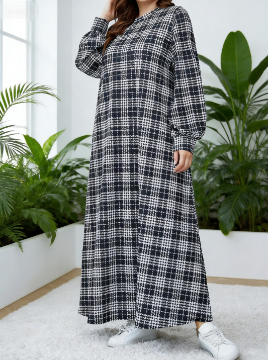 Cross-border Middle Eastern Muslim Women's Black And White Plaid Robe, Loose Plus-size Round-neck Long Dress Abaya_ecoleips.com