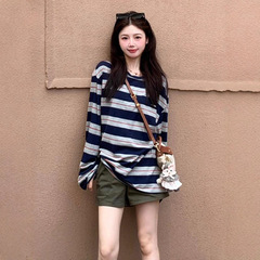 美式复古潮牌条纹长袖T恤女春秋内搭打底衫chic宽松显瘦体恤上衣1
