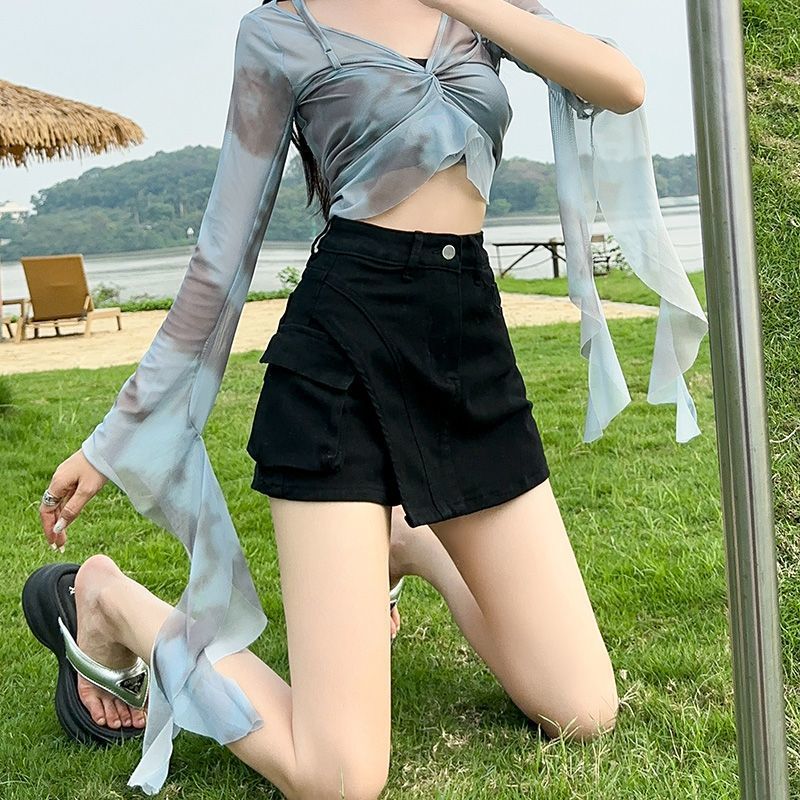 休闲新款牛仔裙裤纯欲风女2025年弹力设计感高腰包臀短裙子黑色