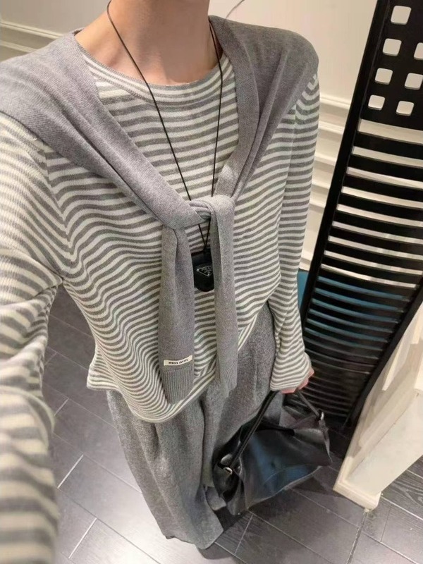 两件套女装六羊毛针织衫条纹长袖宽松披肩百搭薄款显瘦上衣防晒衫|undefined