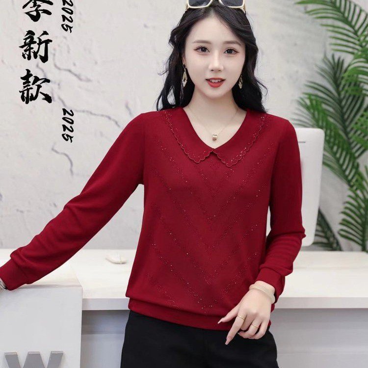 一件代发2025秋季新款时尚娃娃领宽松气质长袖烫钻减龄妈妈装上衣|undefined