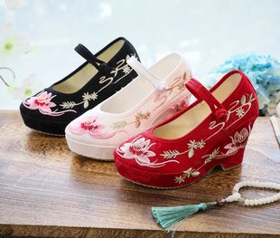Ailian Hanfu Shoes Women's Antique High-heeled Ethnic Embroidered Shoes with Beef Sole Height 9cm Thick-soled Beijing Cloth Shoes
