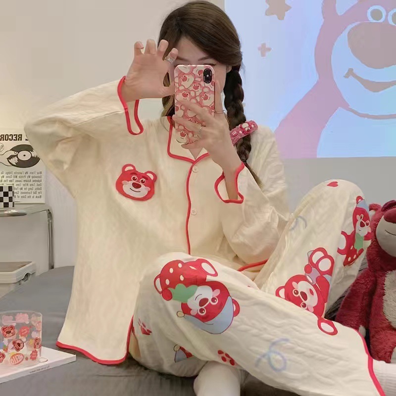 INS estilo Pijamas Mujer primavera y otoño cardigan manga larga dulce dibujos animados suelta más tamaño princesa estilo delgado homewear