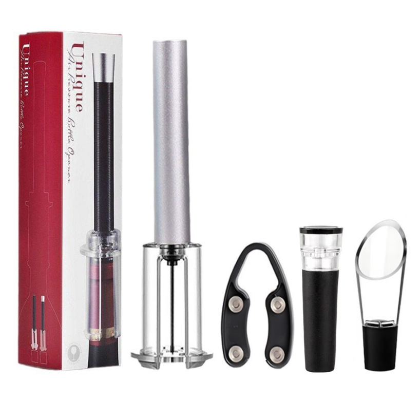 Caja de color: abrebotellas de aire ABS plateado, juego de cuatro piezas con tapón de vino