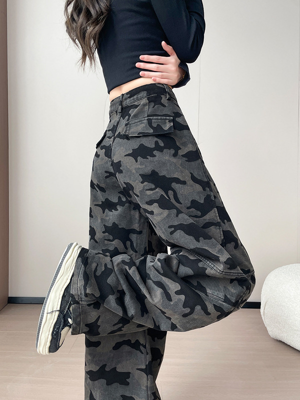 美式高街工装阔腿牛仔裤女秋季2025新款高腰宽松迷彩直筒拖地裤子|undefined