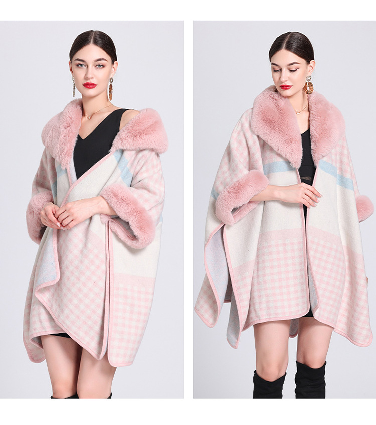 Mantella a quadri con colletto in lana, cardigan lavorato a maglia jacquard largo, cappotto di lana di grandi dimensioni per donna_voghion.com
