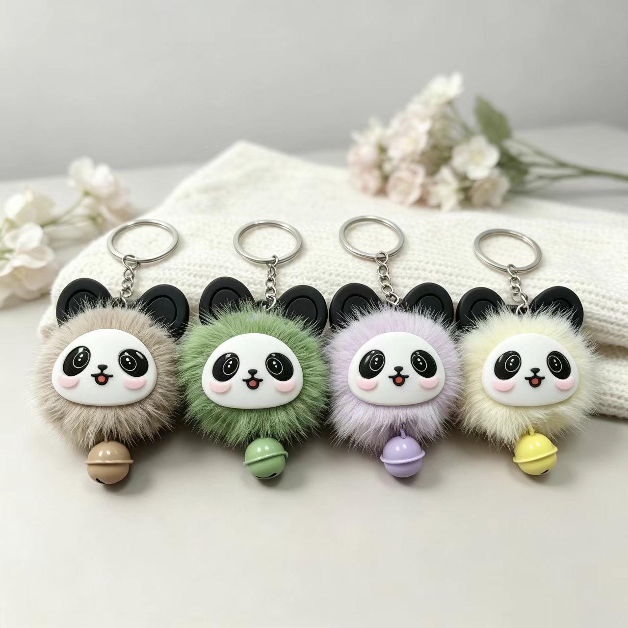Popular plush red panda keychain with a cute bell, cartoon plush bag charm, and key ring