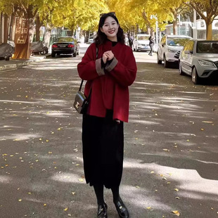 New Chinoiserie National Style Outwear Cloak Buckle Woolen Outwear New Year's Shirt Christmas Red Two-piece Set Literary Retro