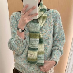 新款秋冬彩虹条纹羊毛混纺围巾女小众细长针织撞色渐变百搭潮围脖