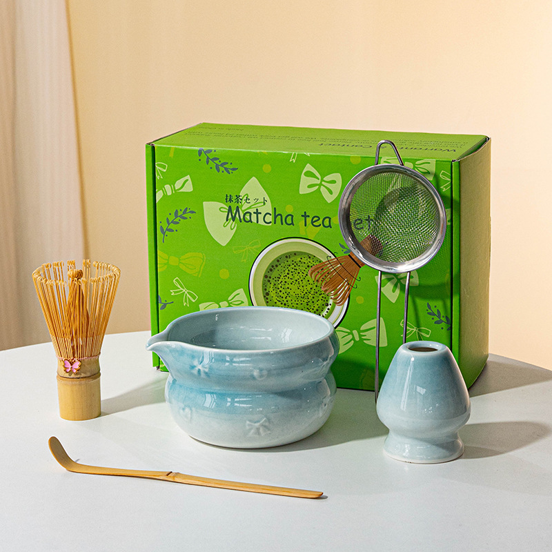 跨境亚马逊百本立抹茶蝴蝶结抹茶碗粉色陶瓷套装带嘴陶瓷件套批发|undefined
