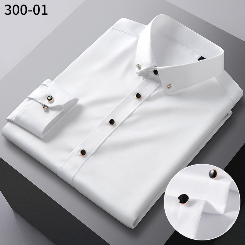 【Diamond Button Collar】New Elastic Non-Iron Long Sleeve Shirt for Men, Comfortable Solid Color Casual Shirt for Wedding Groom, Cross-Border