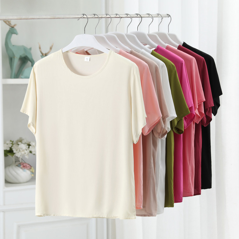 Cotton Silk Pajamas Women's Summer New Short-sleeved T-shirt Solid Color Home Clothes Round Neck Outer Wearing Loose plus size Top