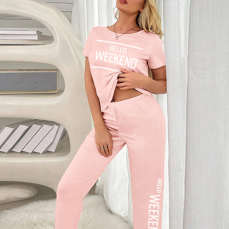 Women's Autumn Pajama Set European American Style Casual Two Piece Sleepwear With Short Sleeved Top And Long Pants Can Be Worn Outside_voghion.com