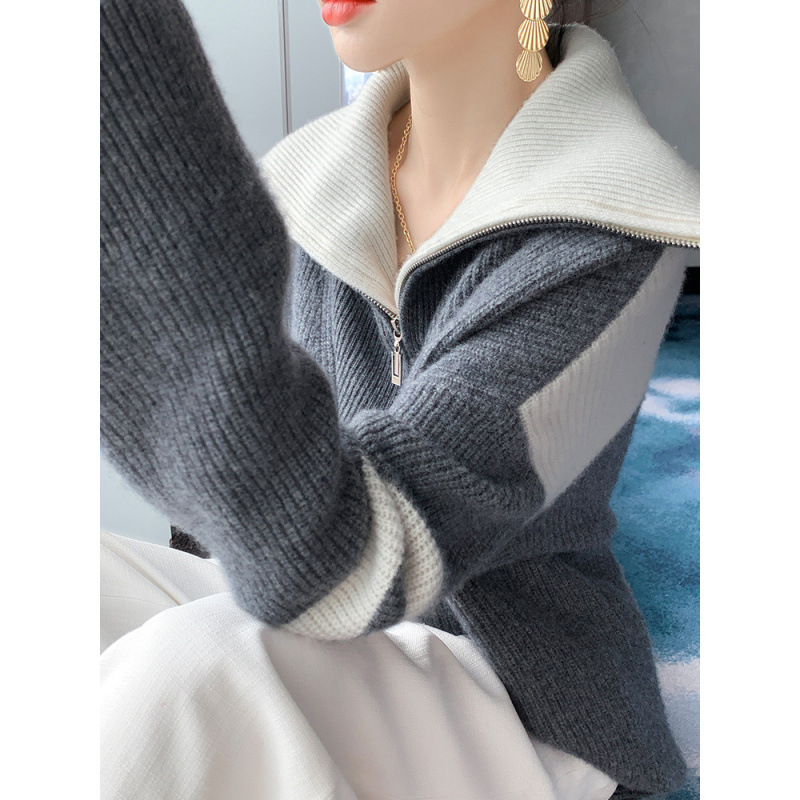 Thickened Autumn and Winter New Style Women's Half-Zip 100% Wool Color-Blocked Large Lapel Loose Versatile Casual Knit Sweater Thickened Autumn and Winter New Style Women's Half-Zip 100% Wool Color-Blocked Large Lapel Loose Versatile Casual Knit Sweater