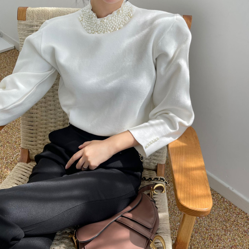 Suéter de manga larga para mujer, estilo chic coreano retro, cuello medio alto con perlas, holgado y versátil image 4