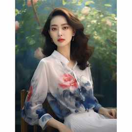 新中式女装中国风蓝色印花衬衫2024新款别致绝美气质上衣奢华大牌