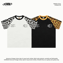 OREETA豹纹拼接插肩袖短袖T恤男女2025夏季新款宽松情侣半袖T恤潮