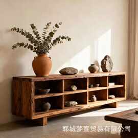 诧寂风老榆木客厅落地电视柜中古风做旧茶室茶具陈列柜家居餐边柜