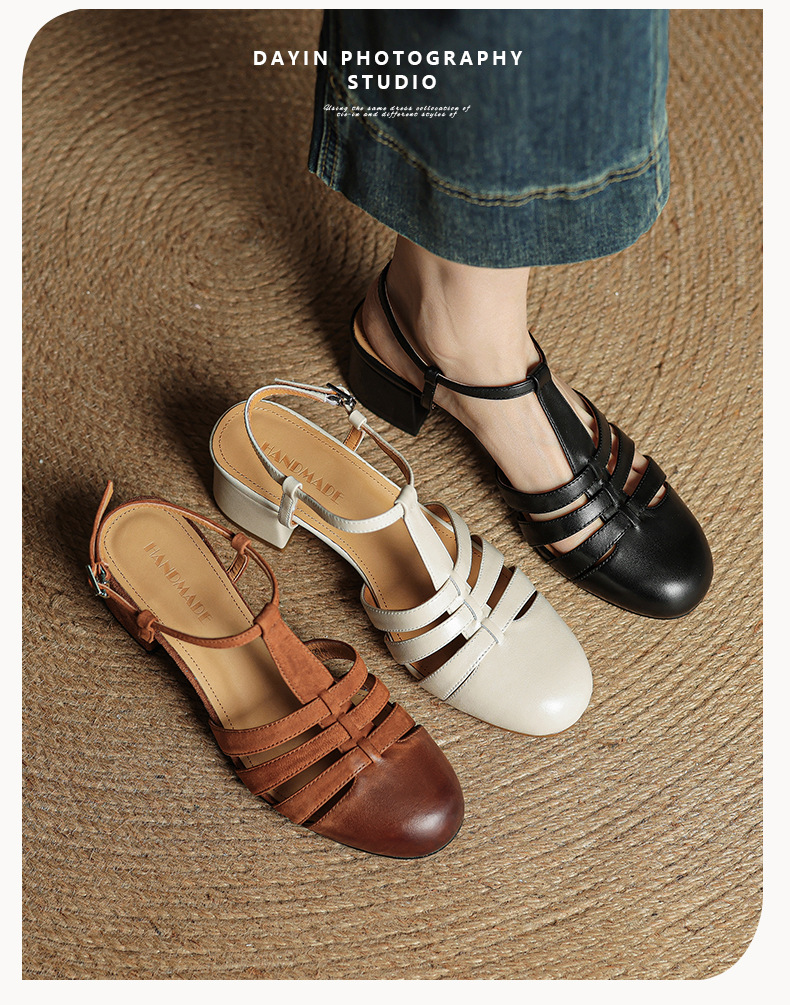 Sandal nữ da bò dệt rỗng mũi hở gót thô cao phong cách La Mã — màu nâu chi tiết 1