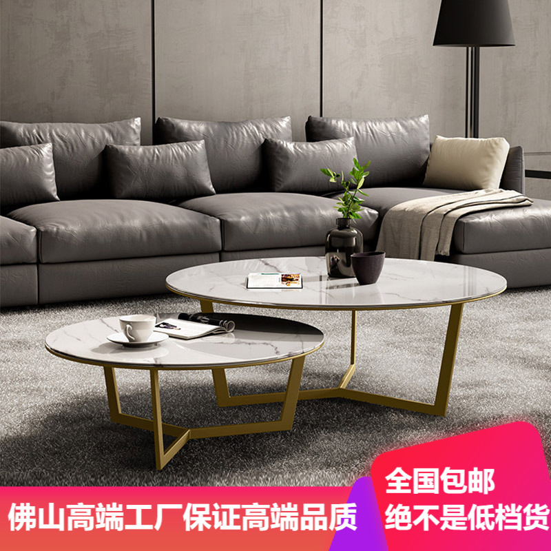Salón de estar simple italiano de tamaño ligero de lujo mesa de té redonda combinación de tablero de roca casa mesa de té redonda de acero inoxidable