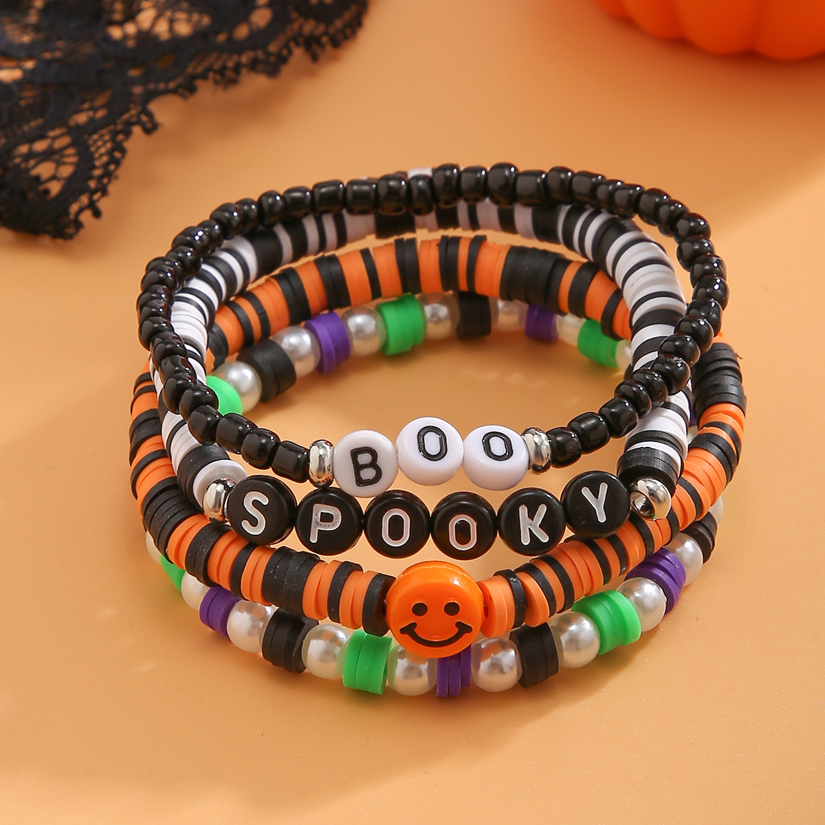 Bracelet de citrouille en perles d'Halloween, ensemble de bijoux de vacances en poterie souple, bracelet en dopamine élastique_voghion.com