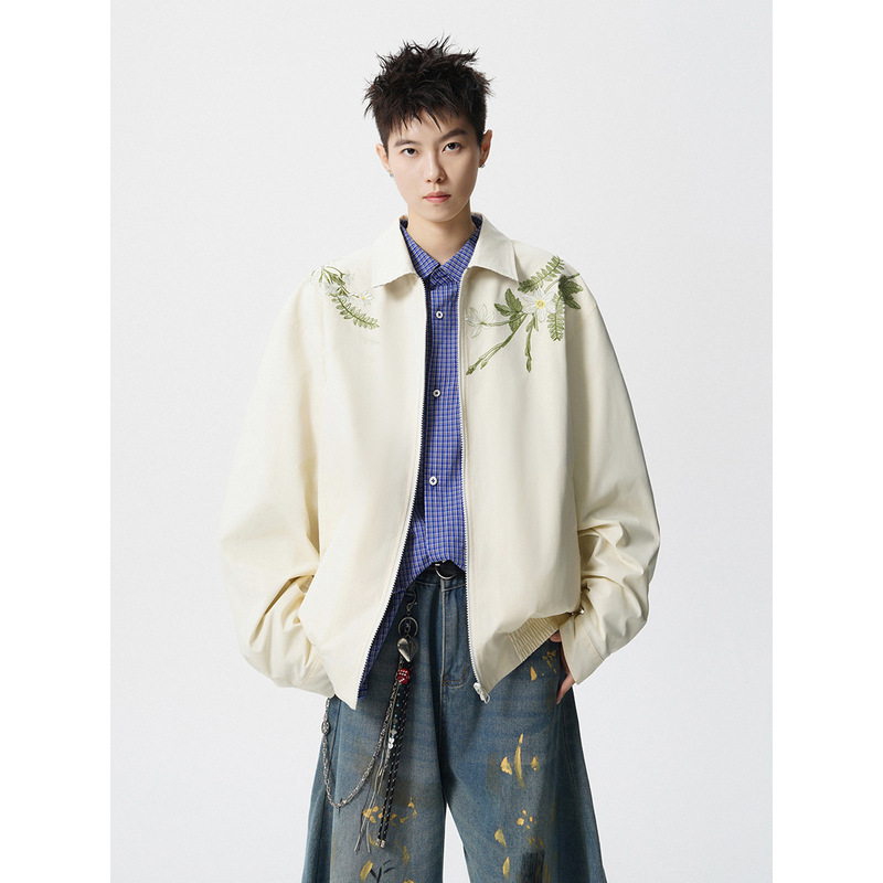 Reversible Bomber Jacket Men's Autumn New Casual Plaid Jacket American High Street Floral Embroidery Baseball Uniform