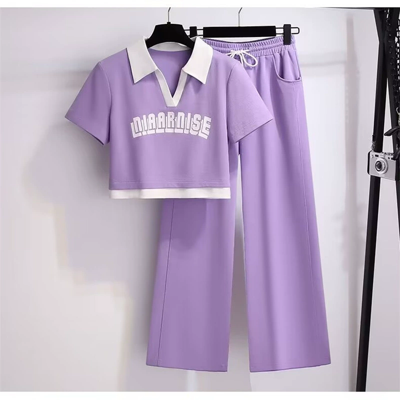 Модный спортивный костюм, Женская Летняя мода, брюки с широкими штанинами и V-образным вырезом и короткими рукавами, повседневный стильный комплект из двух предметов, уменьшающий возраст, женский