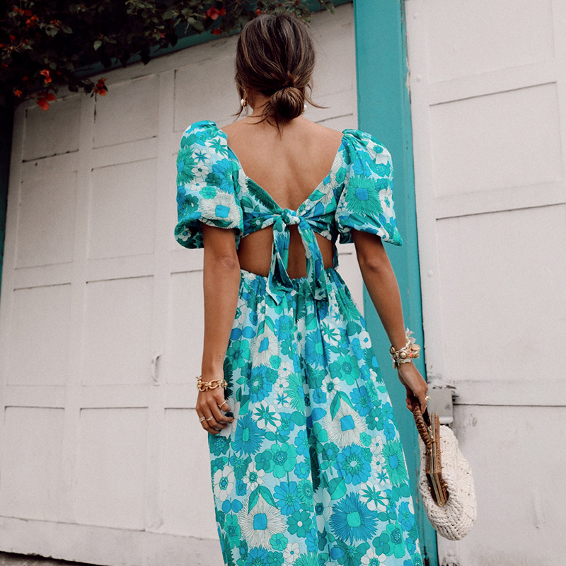 Summer Print V-Neck Open Back Tie Puff Sleeve Midi Maxi Dresses