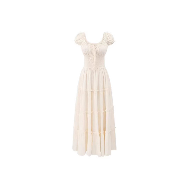 Summer New Style Foreign Trade French Gentle Style Fresh Fairy Dress with Puff Sleeves, Square Neck, Waist-Cinching, Slimming Long Dress