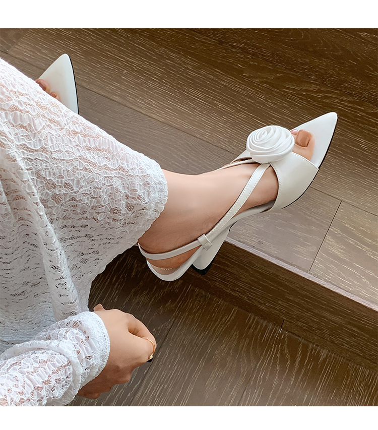 Sandal cao gót nữ quai ngang mũi nhọn hở mũi đế xuồng platform hoa sơn trà — màu hồng, màu trắng chi tiết 10