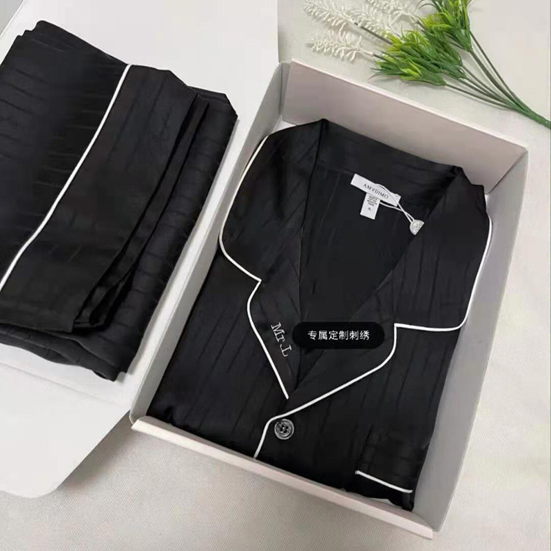 2026 Spring and Summer New Couple's Pajamas, Women's Ice Silk Long-Sleeve Cardigan Set, Customizable Embroidery, Valentine's Day Loungewear