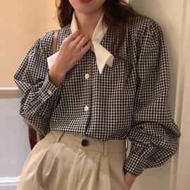 秋季复古小众撞色蝴蝶结设计感宽松百搭长袖格子衬衫女