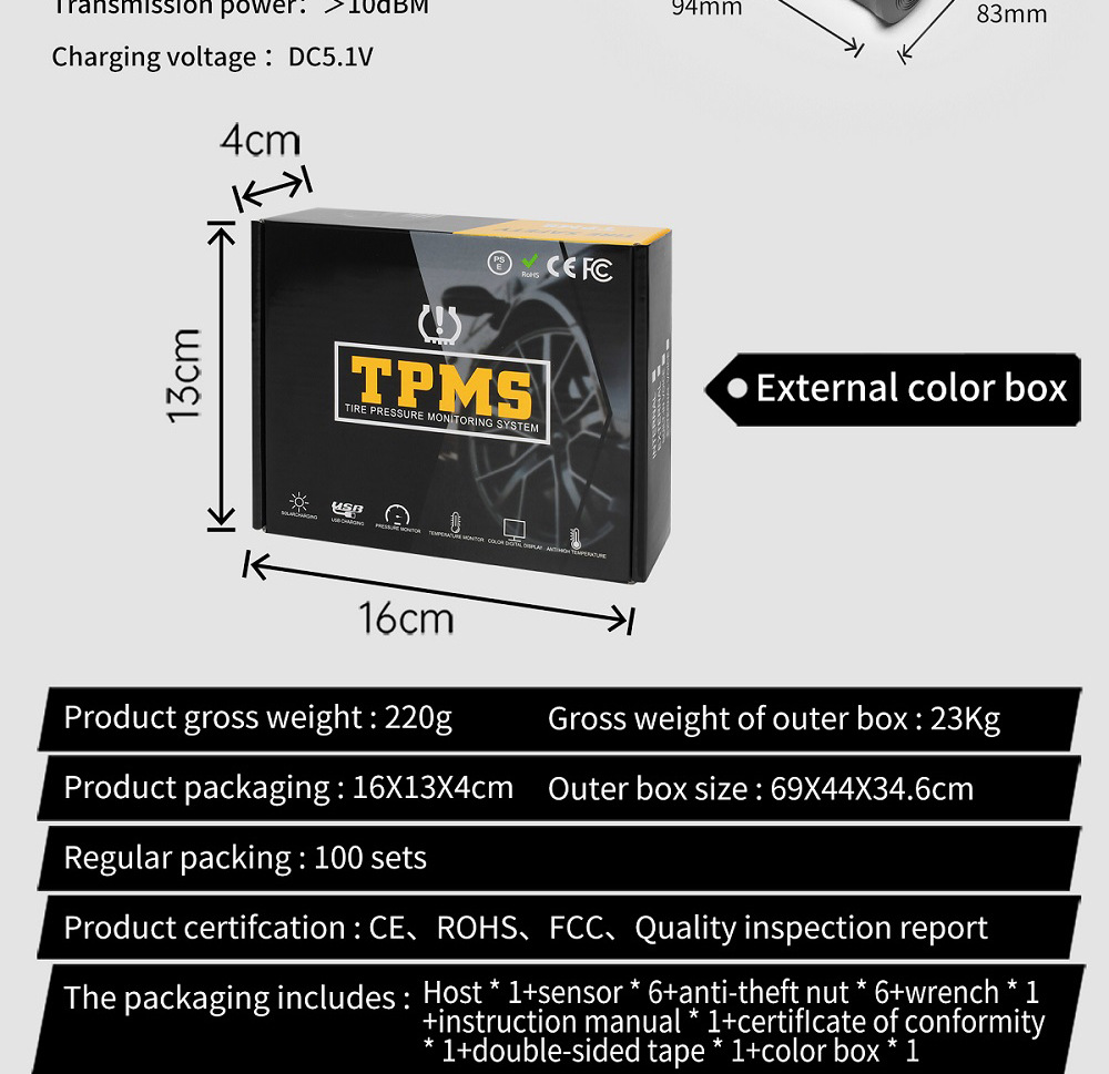 Ty01-6 Wheel-Mounted Tire Pressure Detector Solar-Powered Tire Pressure Monitoring High-Precision Wireless Rv Tire Pressure Tpms