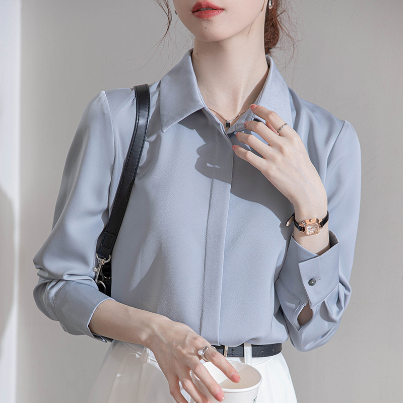 2025 Real Shot New Grey Blue Dark Placket Satin Shirt Women's Autumn Long Sleeve Retro Hong Kong Style Commuter Professional Shirt 2025 Real Shot New Grey Blue Dark Placket Satin Shirt Women's Autumn Long Sleeve Retro Hong Kong Style Commuter Professional Shirt