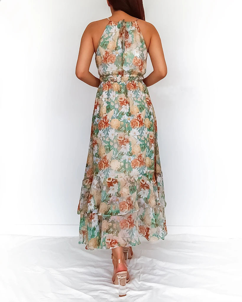 Halterneck Printed Chiffon Tie Long Dress NSHM114955