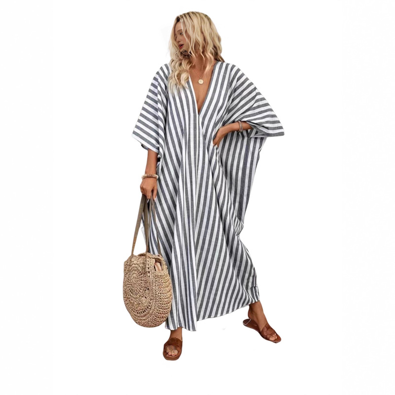 In Stock Cross-Border 2025 European and American Summer New Fashion Loose Casual V-Neck Striped Long Vacation Dress