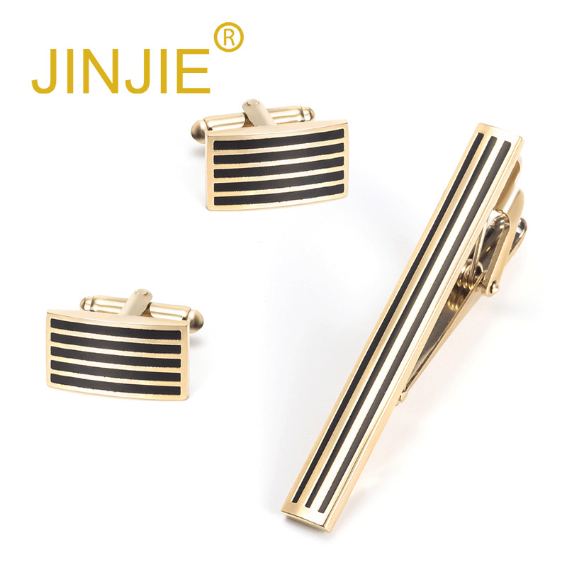 Minimalist Men's Striped Gold Metal Tie Clip and Cufflinks Set, European and American Style Business Cufflinks Set