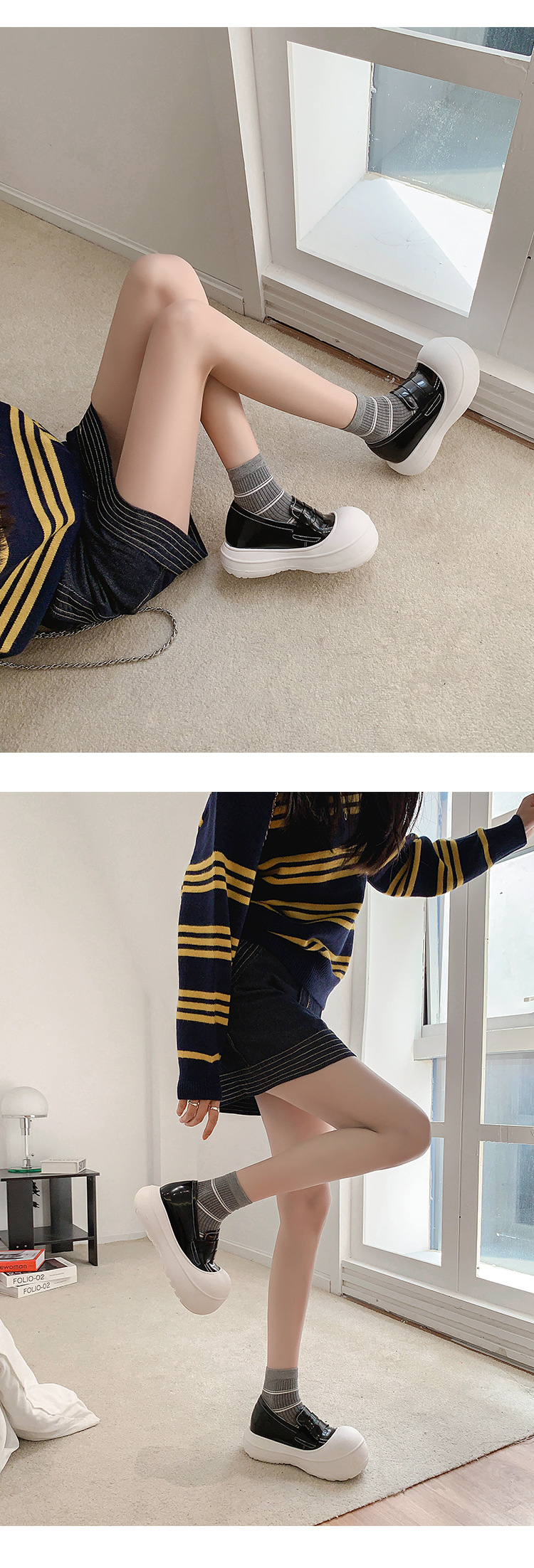 Giày loafer nữ đế dày 5cm da thật phong cách sneaker chunky — màu đen, màu trắng chi tiết 19