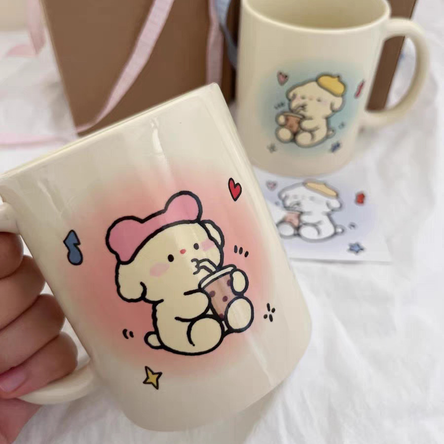 Pink hat drink milk tea puppy