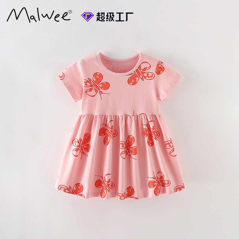 Malwee transfronterizo niñas de mangas cortas vestido de princesa de verano nuevo vestido de cuello redondo de niños europeos y medianos vestido de estilo occidental