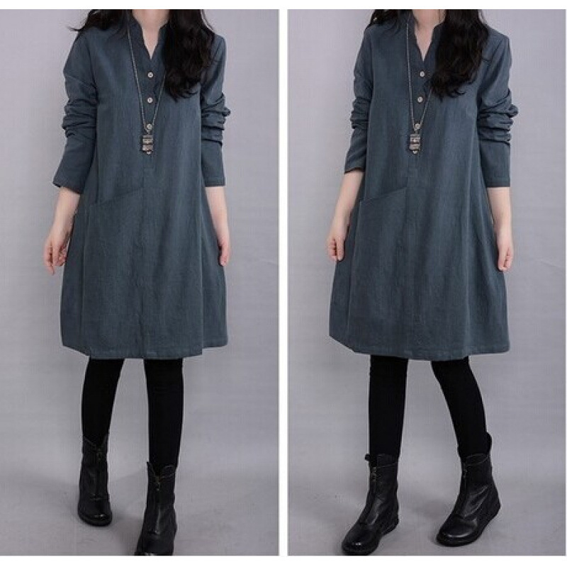 Autumn New Style Women's Loose Large Size Cotton and Linen Dress Long Sleeve Mid-Length