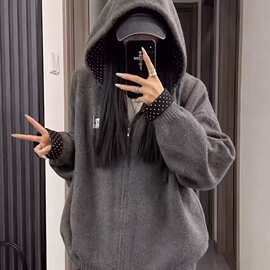 格雷系波点连帽拉链毛衣女春秋韩版小众宽松休闲针织开衫长袖外套