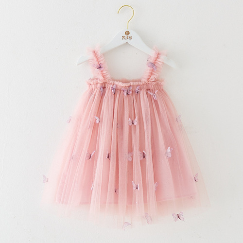 New Children's Dress with Embroidered Butterfly Straps, Sweet Princess Skirt, Net Fabric, Puffed Skirt, Girls' Dress