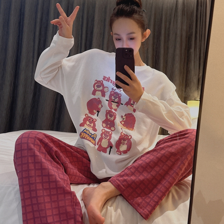 화이트 9 스트로베리 베어 로즈 체크 팬츠 더블 길이