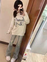 小个子浅色微喇牛仔裤女秋辣妹高腰修身弹力显瘦紧身喇叭裤子长裤